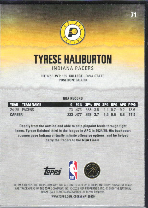 2025-26 Topps Signature Class #71 Tyrese Haliburton – baksida