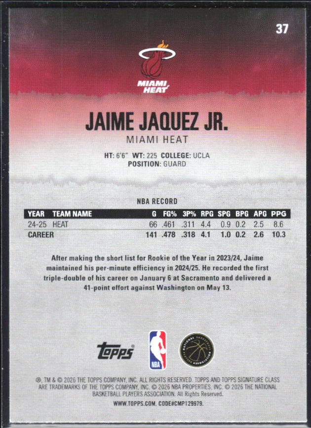 2025-26 Topps Signature Class #37 Jaime Jaquez Jr. – baksida