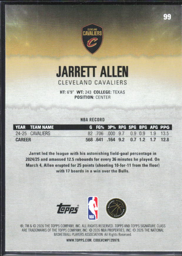 2025-26 Topps Signature Class #99 Jarrett Allen – baksida