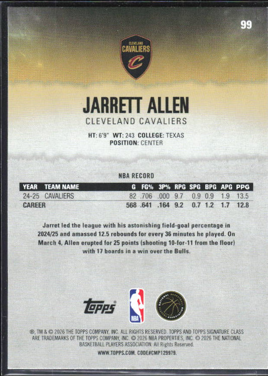 2025-26 Topps Signature Class #99 Jarrett Allen – baksida