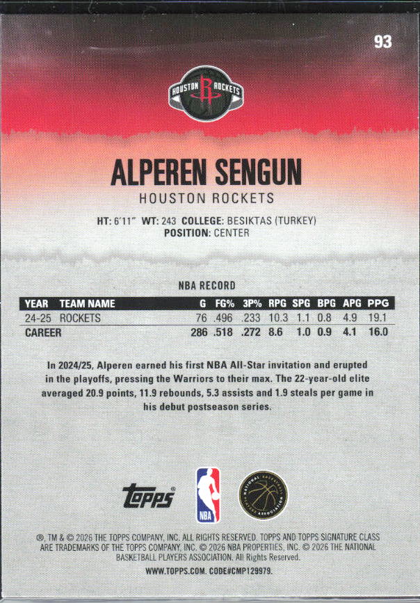 2025-26 Topps Signature Class #93 Alperen Sengun – baksida