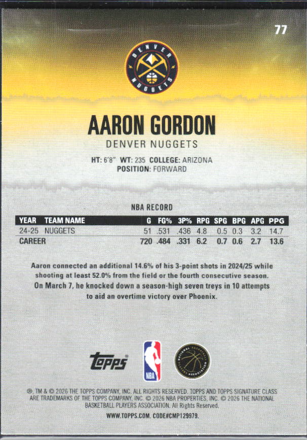 2025-26 Topps Signature Class #77 Aaron Gordon – baksida