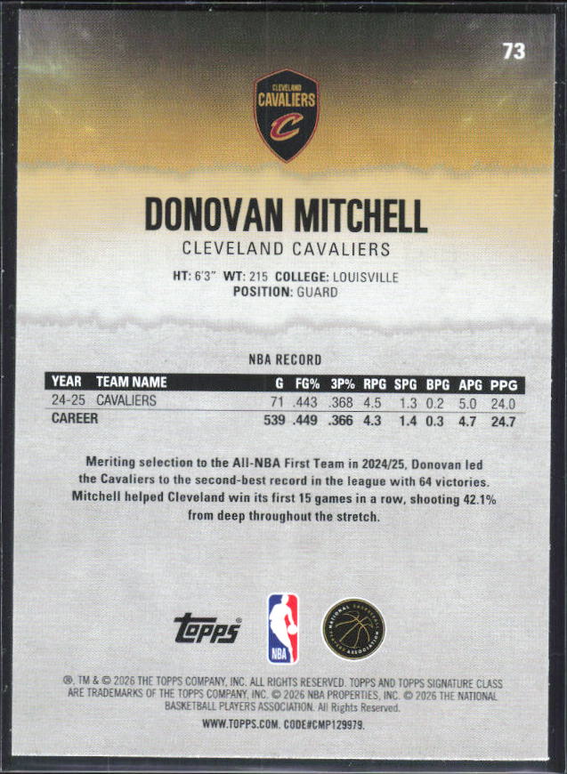2025-26 Topps Signature Class #73 Donovan Mitchell – baksida
