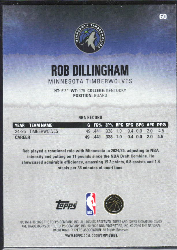 2025-26 Topps Signature Class #60 Rob Dillingham – baksida
