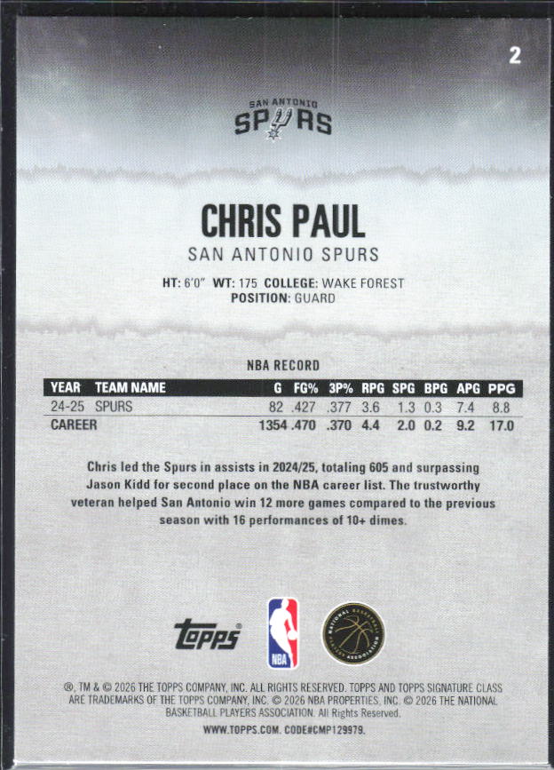 2025-26 Topps Signature Class #2 Chris Paul – baksida