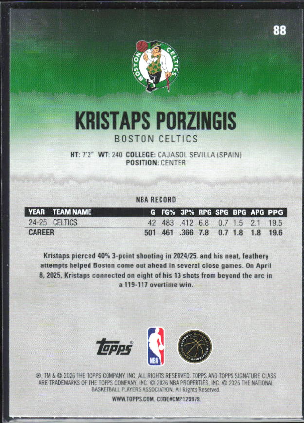 2025-26 Topps Signature Class #88 Kristaps Porzingis – baksida