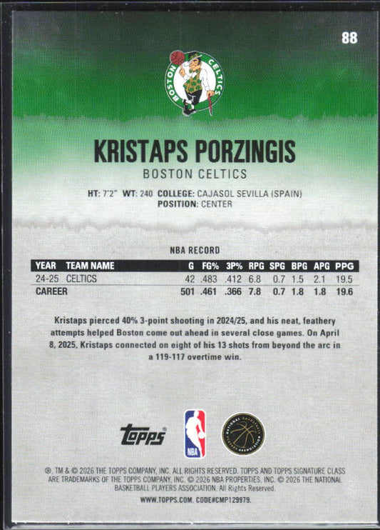 2025-26 Topps Signature Class #88 Kristaps Porzingis – baksida