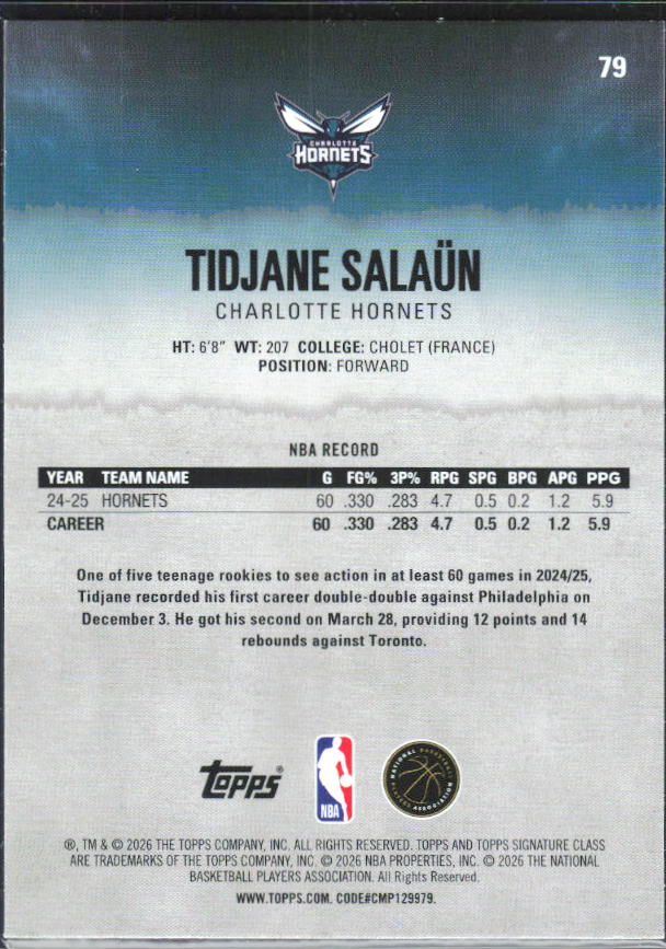 2025-26 Topps Signature Class #79 Tidjane Salaün – baksida