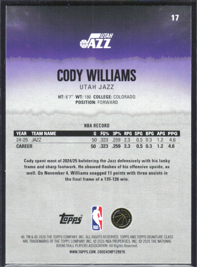 2025-26 Topps Signature Class #17 Cody Williams – baksida