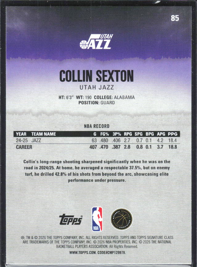 2025-26 Topps Signature Class #85 Collin Sexton – baksida
