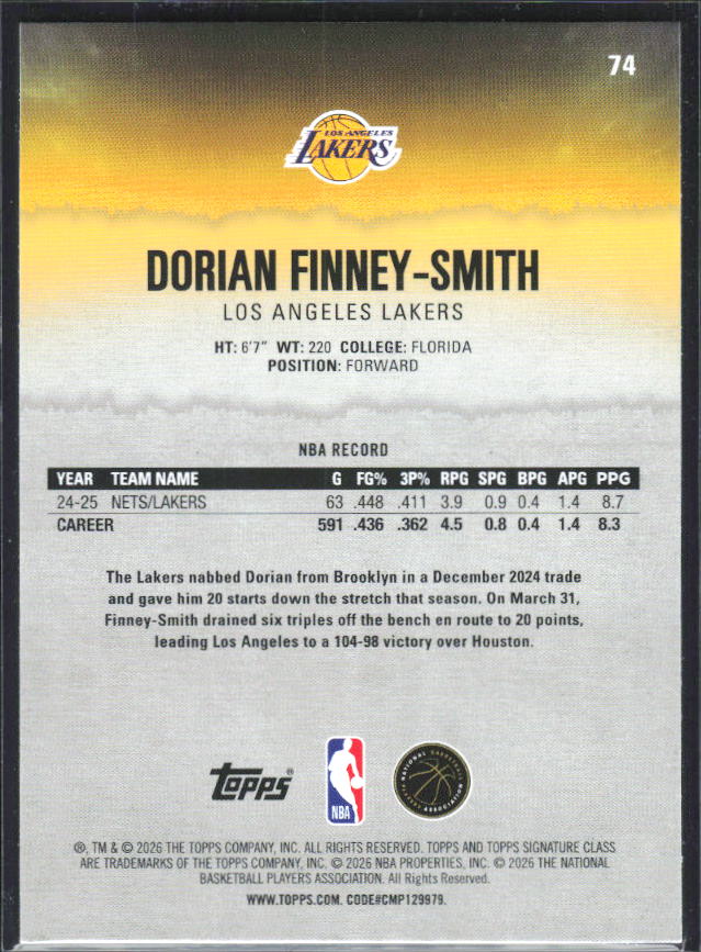 2025-26 Topps Signature Class #74 Dorian Finney-Smith – baksida