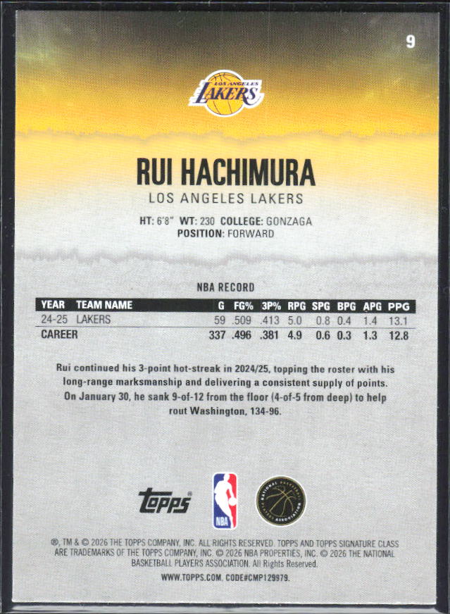 2025-26 Topps Signature Class #9 Rui Hachimura – baksida