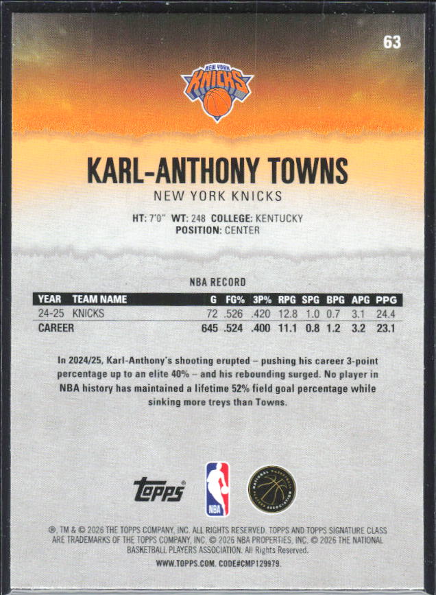 2025-26 Topps Signature Class #63 Karl-Anthony Towns – baksida