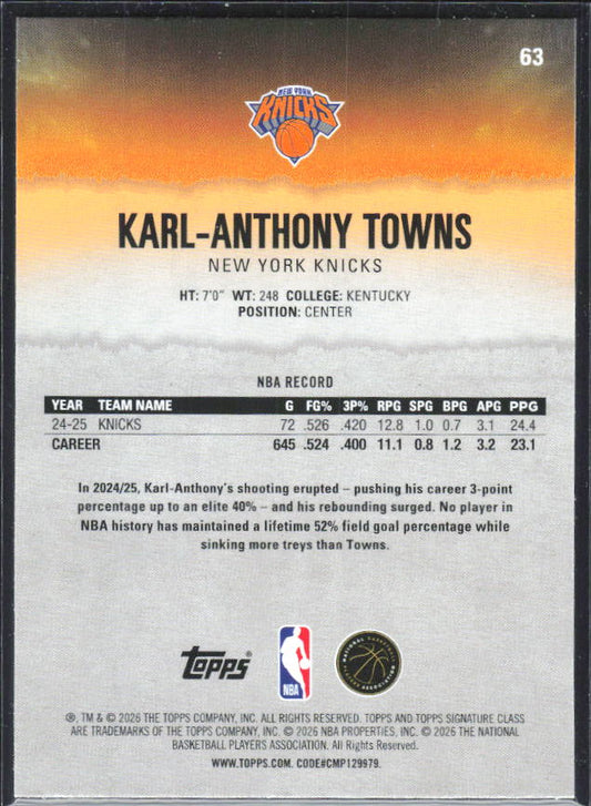 2025-26 Topps Signature Class #63 Karl-Anthony Towns – baksida