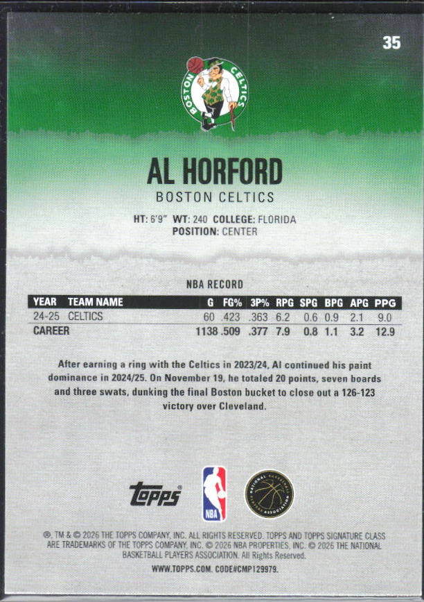 2025-26 Topps Signature Class #35 Al Horford – baksida