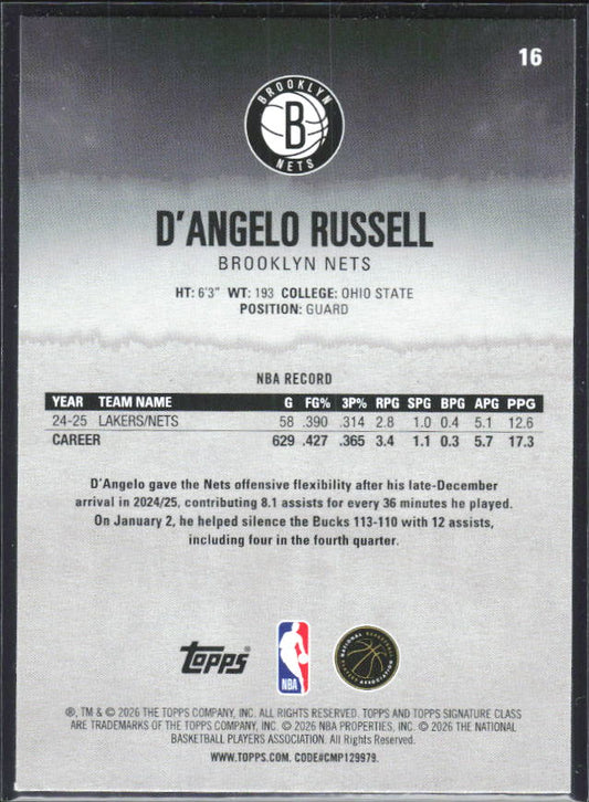 2025-26 Topps Signature Class #16 D'Angelo Russell – baksida