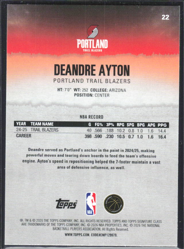 2025-26 Topps Signature Class #22 Deandre Ayton – baksida