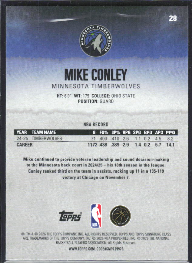 2025-26 Topps Signature Class #28 Mike Conley – baksida