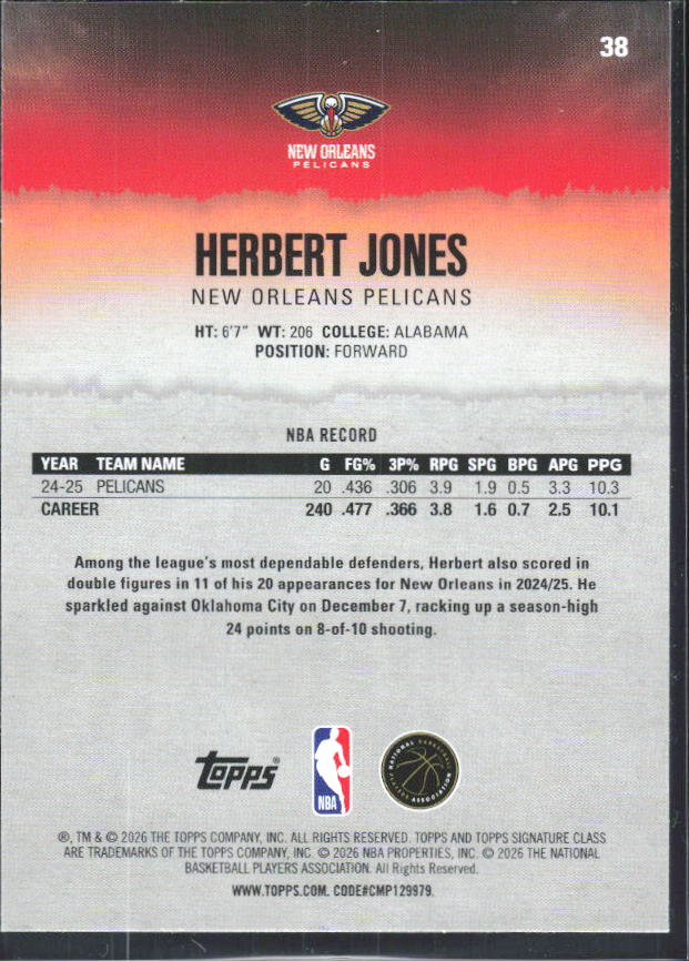 2025-26 Topps Signature Class #38 Herbert Jones – baksida