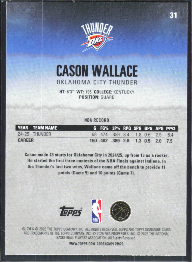 2025-26 Topps Signature Class #31 Cason Wallace – baksida