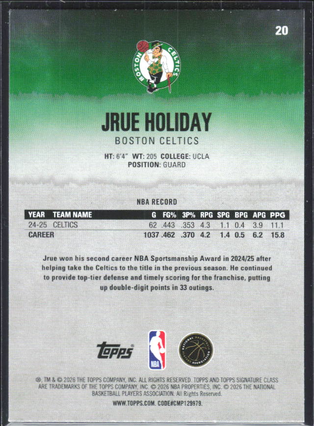 2025-26 Topps Signature Class #20 Jrue Holiday – baksida