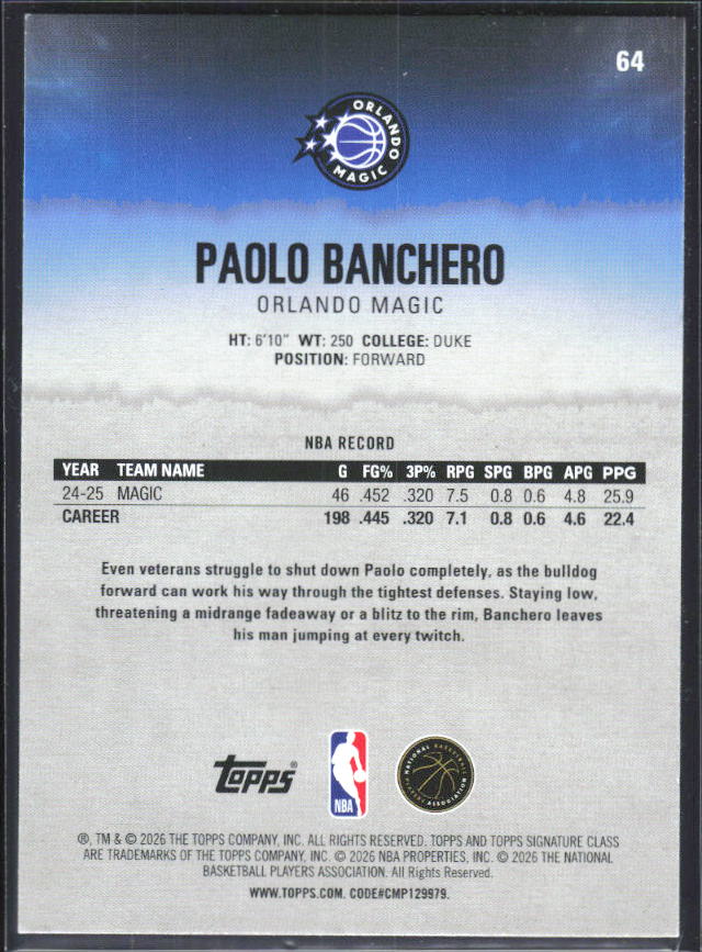 2025-26 Topps Signature Class #64 Paolo Banchero – baksida