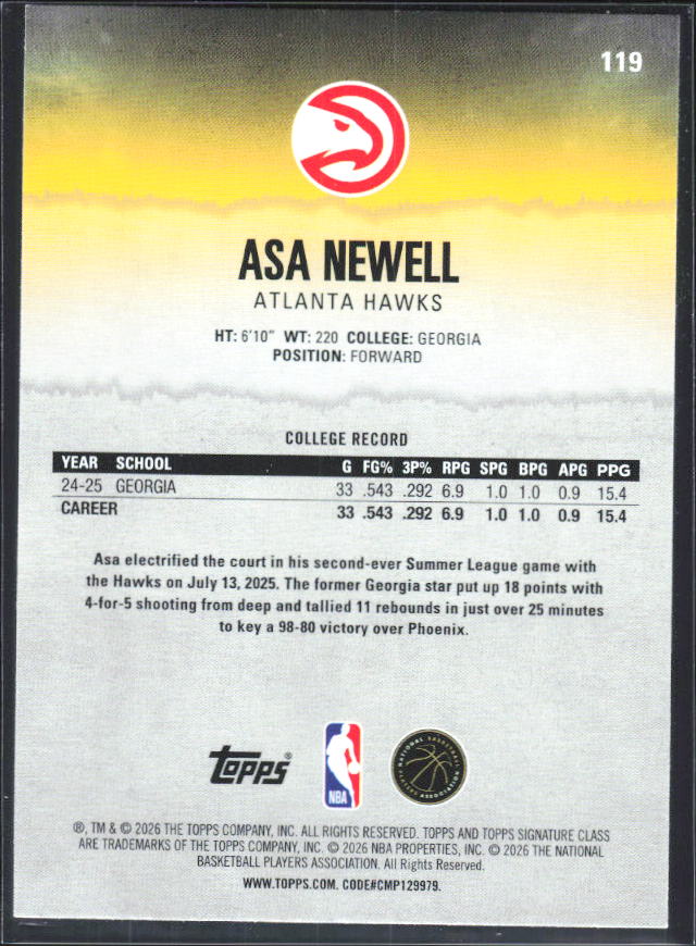 2025-26 Topps Signature Class #119 Asa Newell RC – baksida