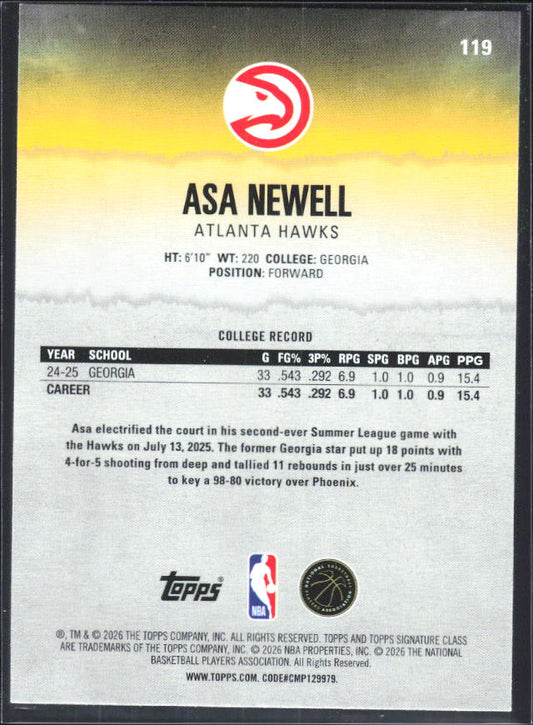 2025-26 Topps Signature Class #119 Asa Newell RC – baksida