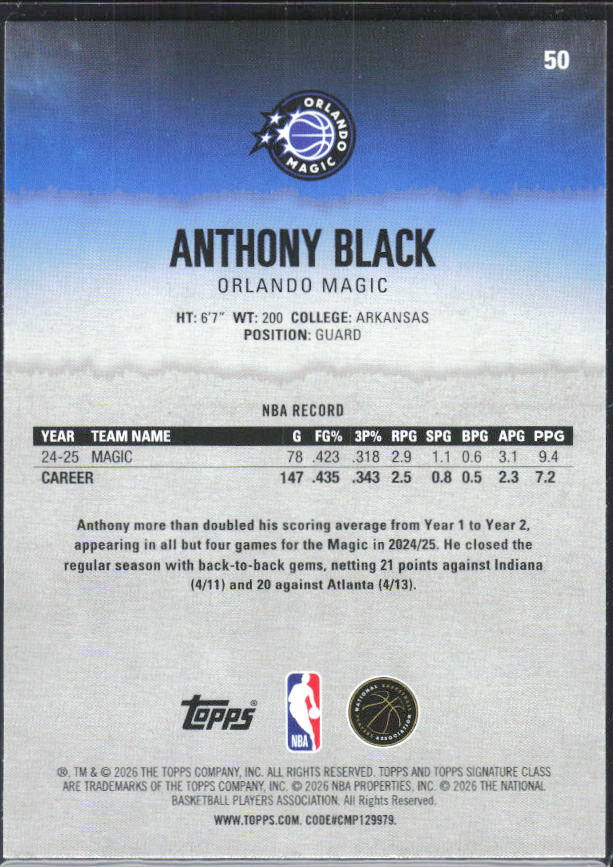 2025-26 Topps Signature Class #50 Anthony Black – baksida