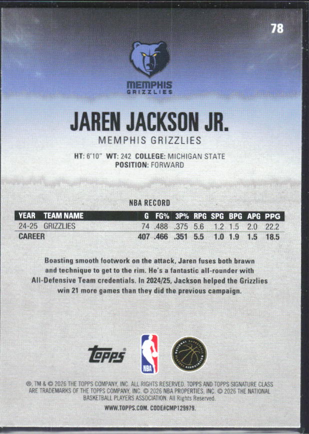 2025-26 Topps Signature Class #78 Jaren Jackson Jr. – baksida