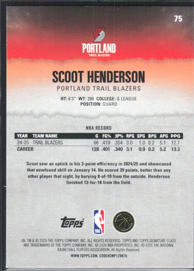 2025-26 Topps Signature Class #75 Scoot Henderson – baksida