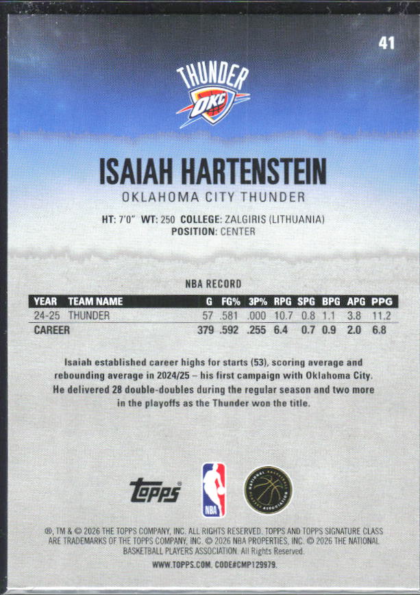 2025-26 Topps Signature Class #41 Isaiah Hartenstein – baksida