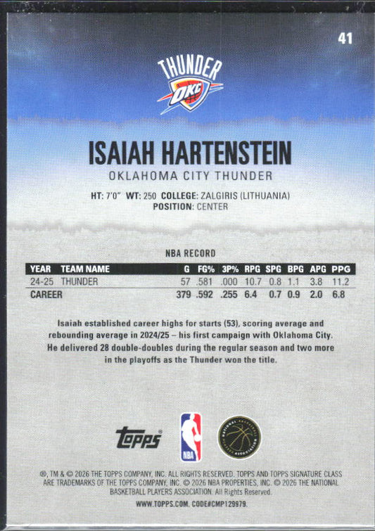 2025-26 Topps Signature Class #41 Isaiah Hartenstein – baksida