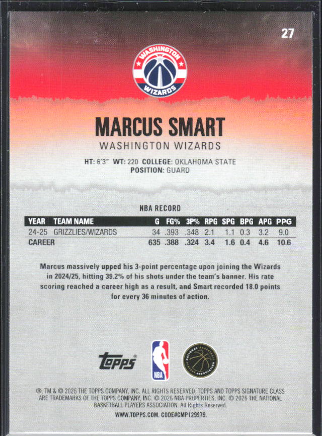 2025-26 Topps Signature Class #27 Marcus Smart – baksida
