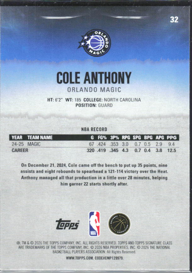 2025-26 Topps Signature Class #32 Cole Anthony – baksida