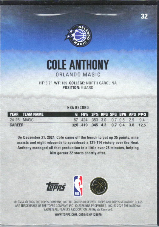 2025-26 Topps Signature Class #32 Cole Anthony – baksida