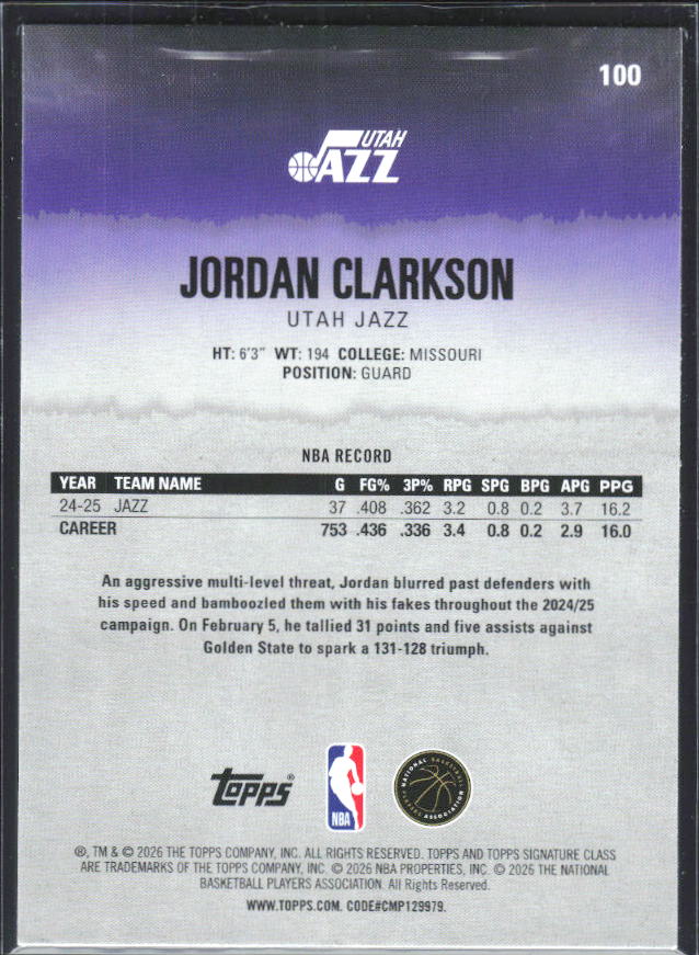2025-26 Topps Signature Class #100 Jordan Clarkson – baksida