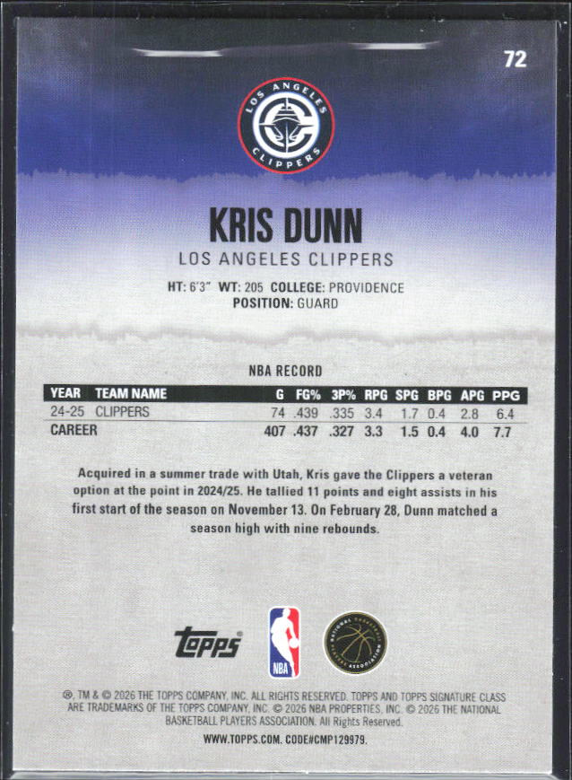 2025-26 Topps Signature Class #72 Kris Dunn – baksida