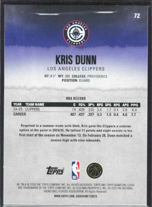 2025-26 Topps Signature Class #72 Kris Dunn – baksida