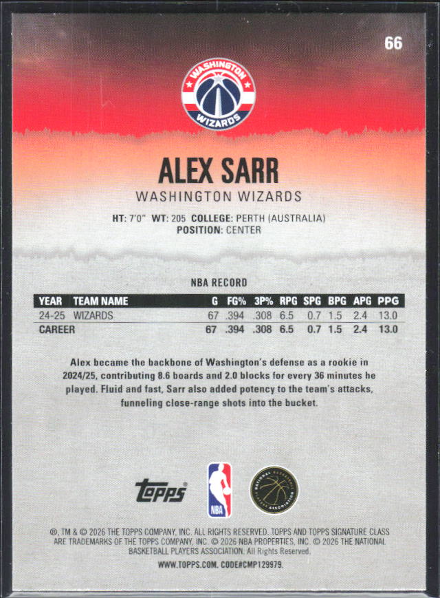 2025-26 Topps Signature Class #66 Alex Sarr – baksida