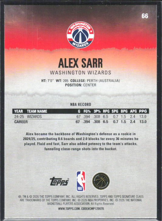2025-26 Topps Signature Class #66 Alex Sarr – baksida