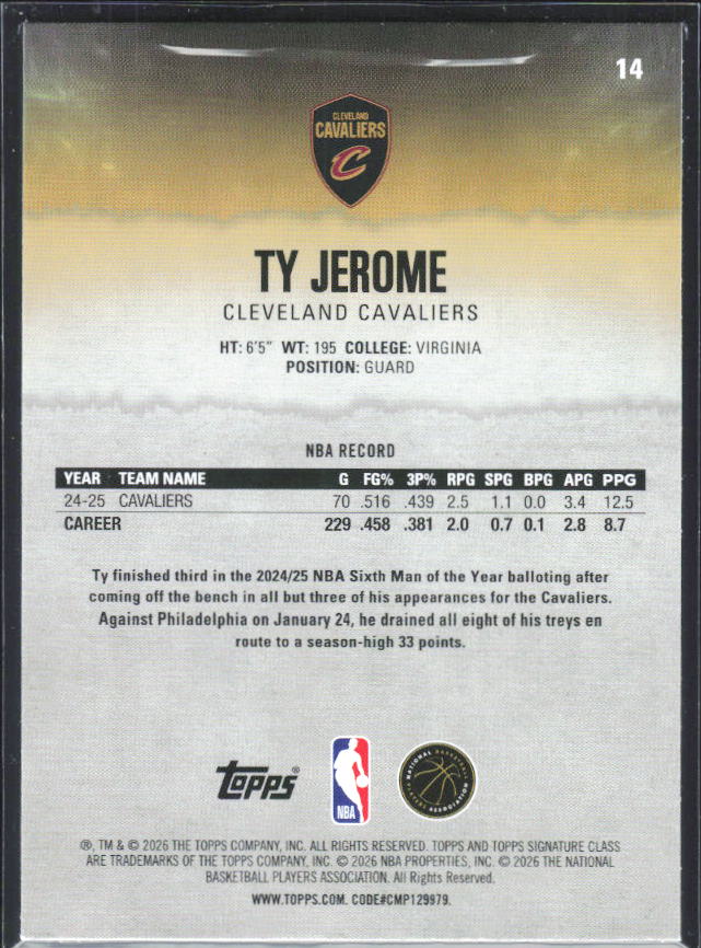 2025-26 Topps Signature Class #14 Ty Jerome – baksida