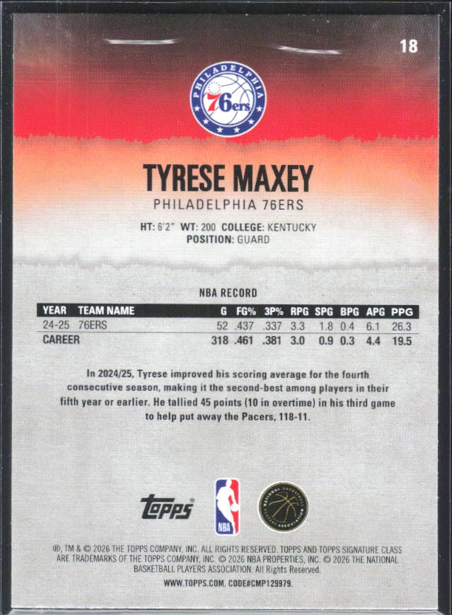 2025-26 Topps Signature Class #18 Tyrese Maxey – baksida