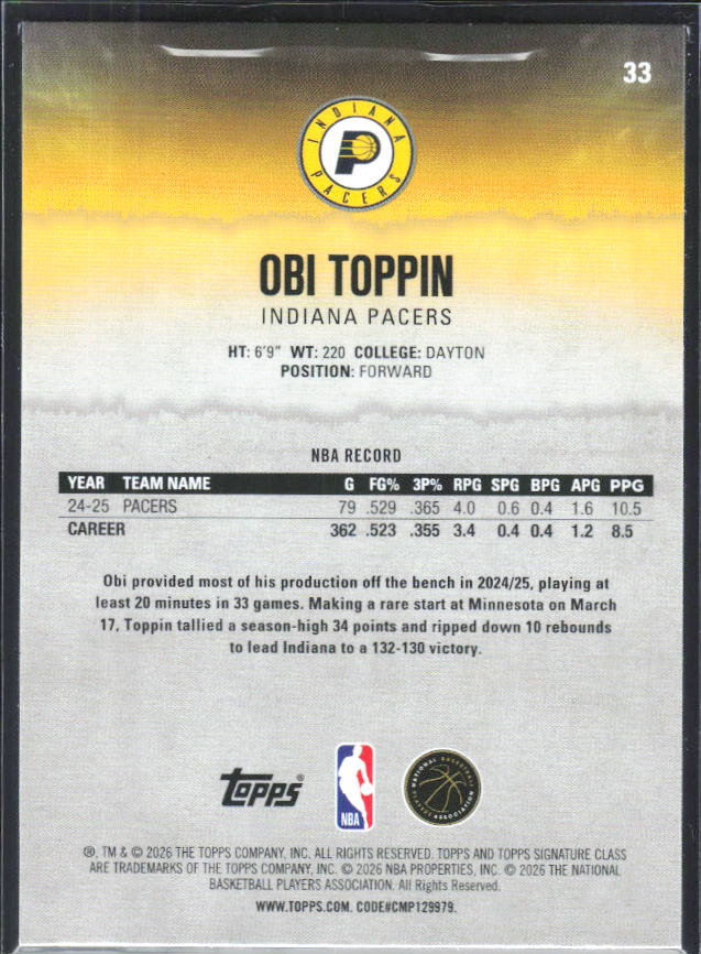 2025-26 Topps Signature Class #33 Obi Toppin – baksida