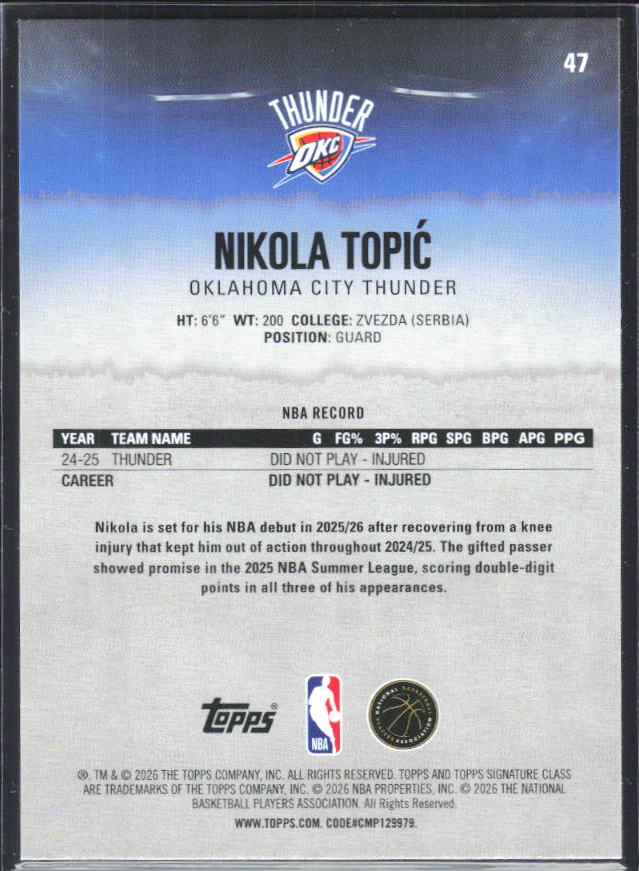 2025-26 Topps Signature Class #47 Nikola Topić – baksida