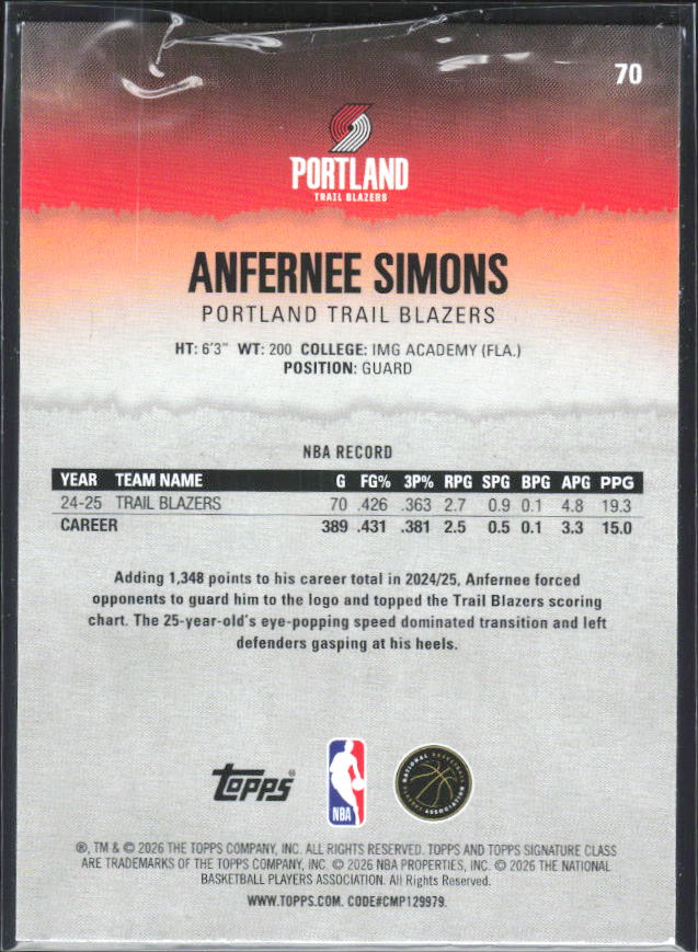 2025-26 Topps Signature Class #70 Anfernee Simons – baksida