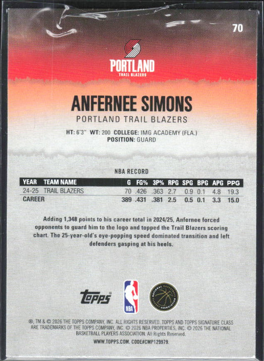 2025-26 Topps Signature Class #70 Anfernee Simons – baksida