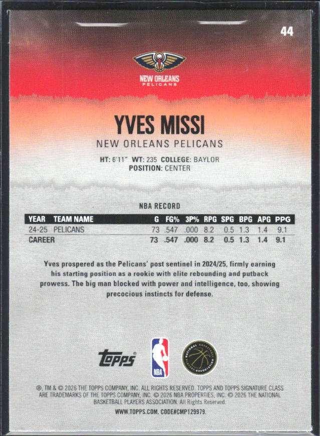 2025-26 Topps Signature Class #44 Yves Missi – baksida