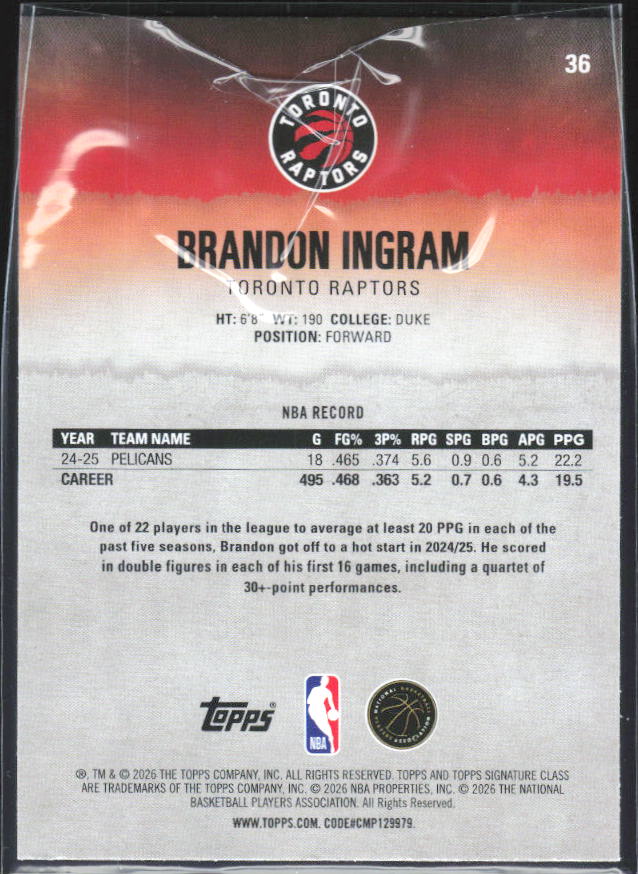 2025-26 Topps Signature Class #36 Brandon Ingram – baksida