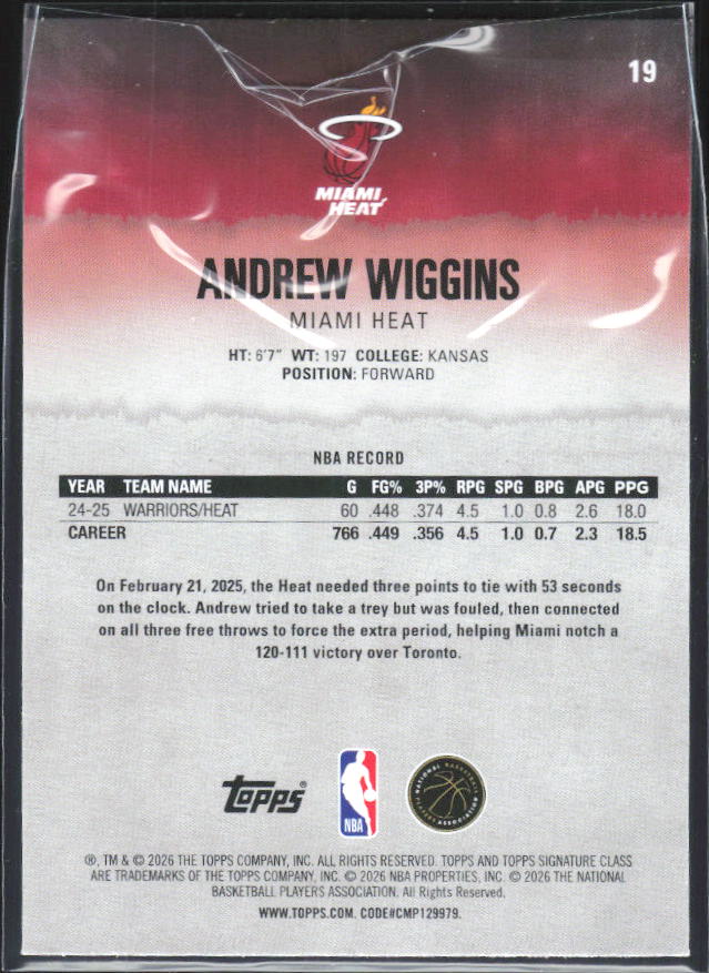 2025-26 Topps Signature Class #19 Andrew Wiggins – baksida